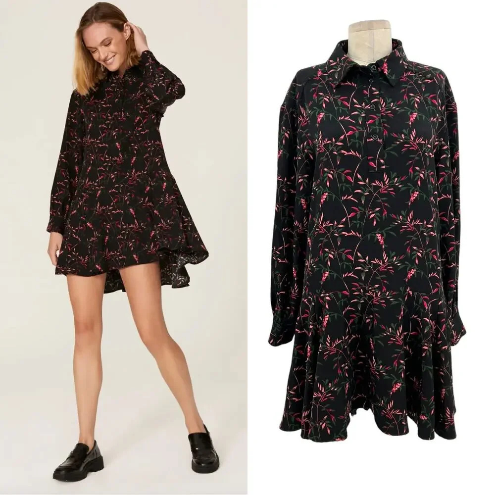 Peter Som Collective Black Floral Shirtdress Long Sleeve Pink‎ Print Size 10